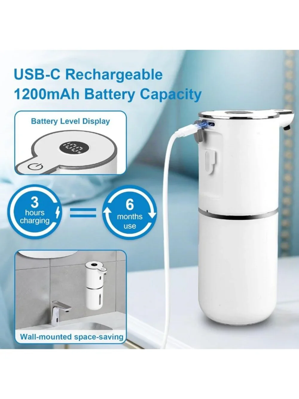 Touchless Automatic Foaming Soap Dispenser, USB Rechargeable, 6-Level